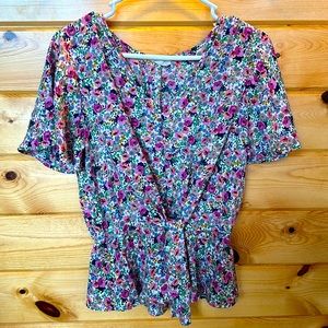 Sienna Sky, Floral Waist Tie Short Sleeve Top, Small